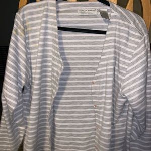 Grey and white horizontally striped button up sweater